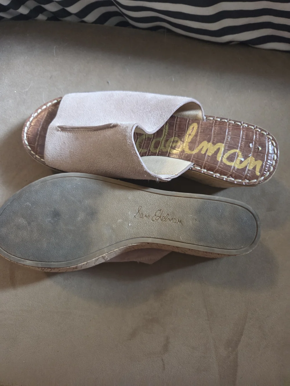 Sam Edelman Taupe Suede Cork Wedge Slide Sandals
